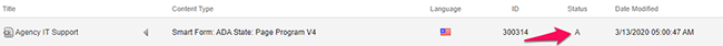 Content block example with an 'A' in the status column